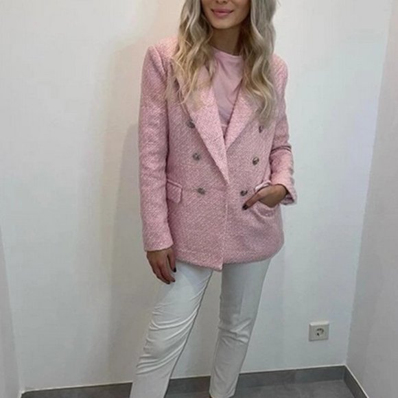 Classic Pink Tweed Double Breasted Blazer Chic Classy - Picture 13 of 14